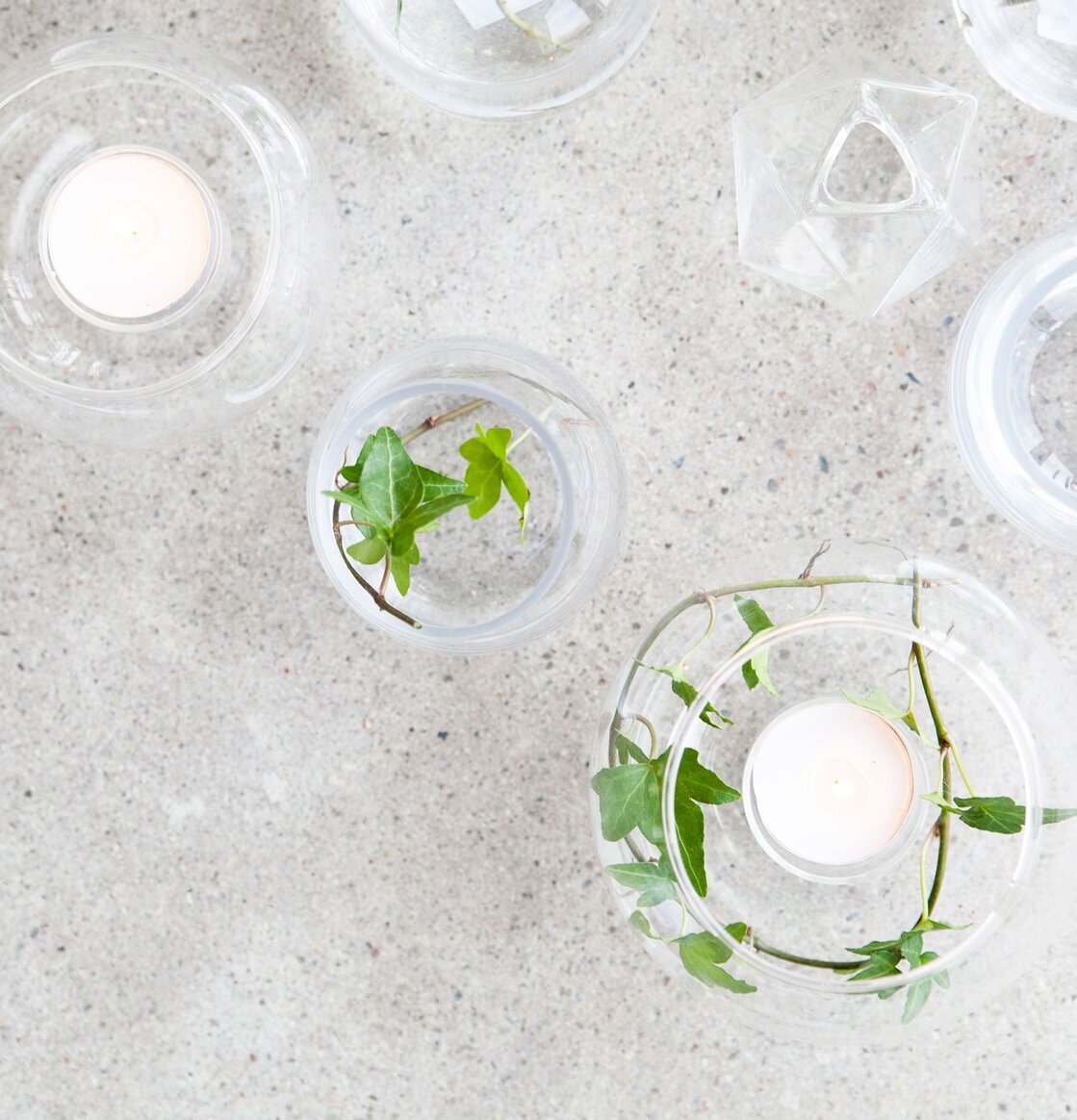 Bild av glasföremål och växter i harmonisk komposition