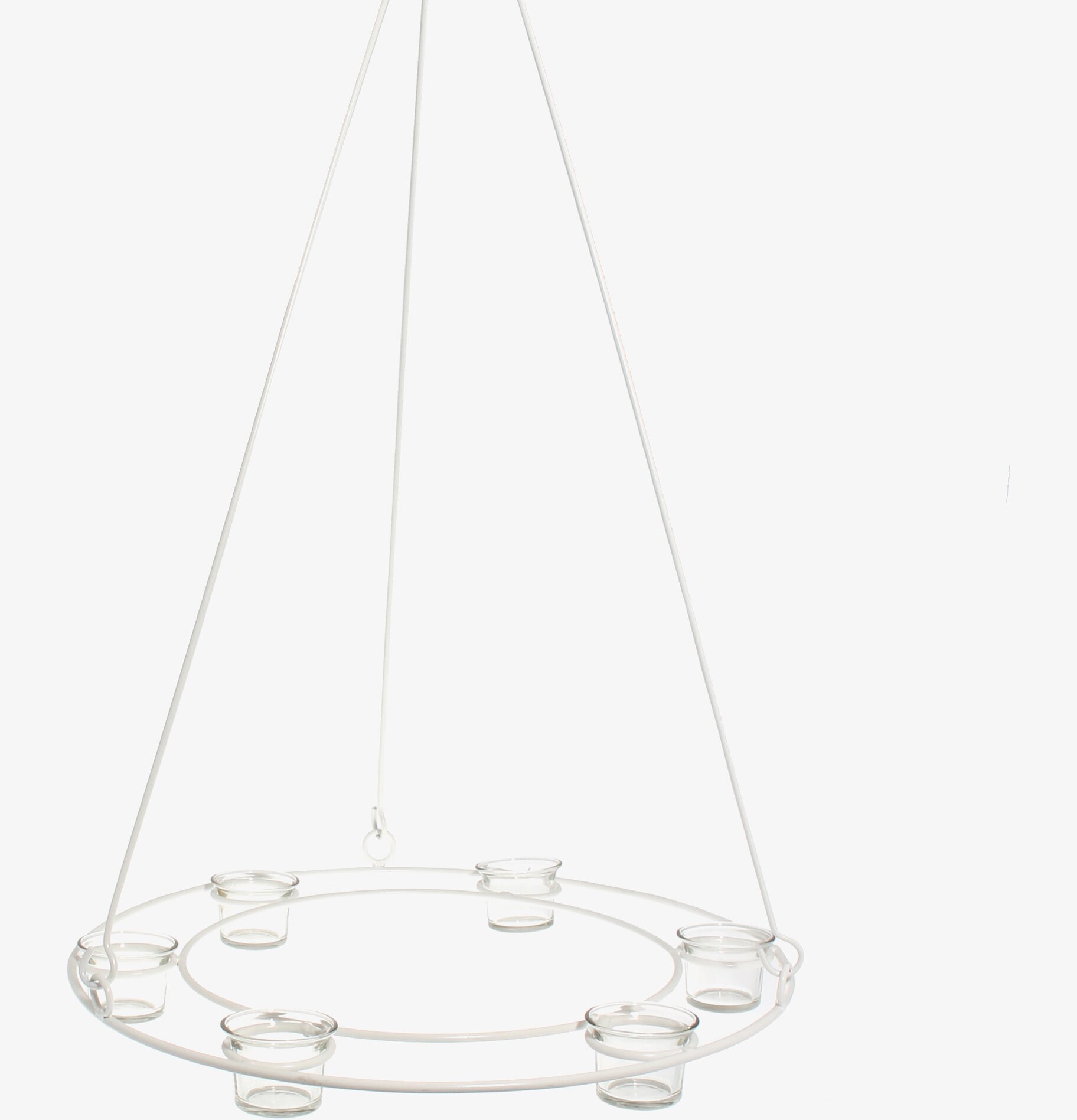 Bild av stilren vit ljuskrona med glaslyktor