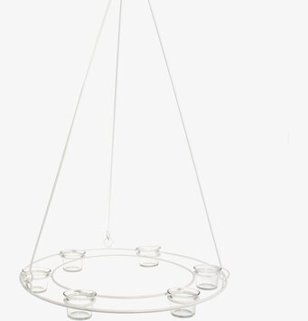 Bild av stilren vit ljuskrona med glaslyktor