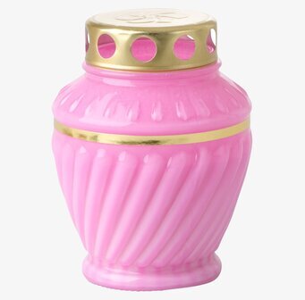 Bild av rosa ljuslykta med guldfärgat lock och ribbor