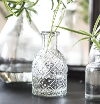 Foto av elegant glas med växter och ljusreflektioner