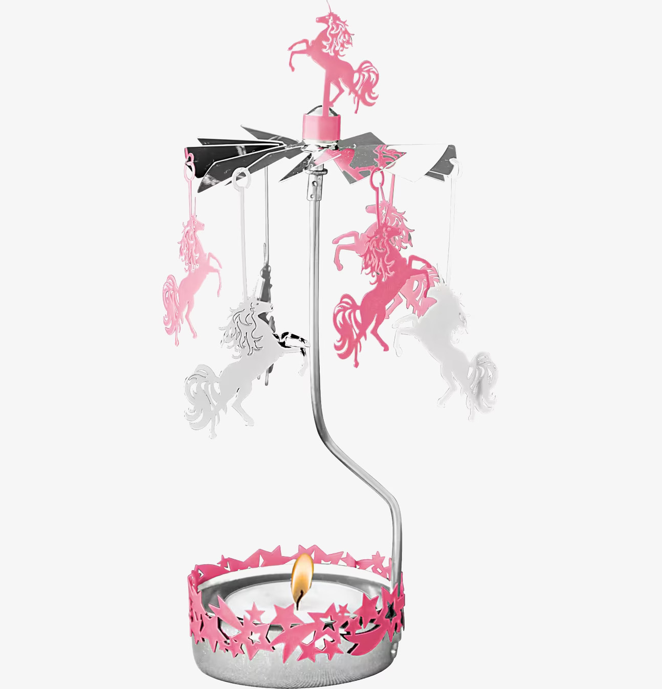 Bild av ljuslykta med enhörningar i rosa och silver