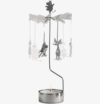 Foto av ett änglaspel med Mumin-figurer i silver