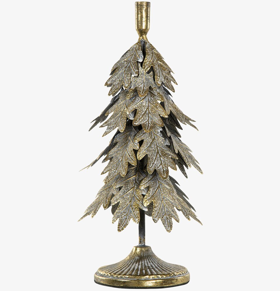 Bild av ljusstake i antikmässing med eklövsdesign