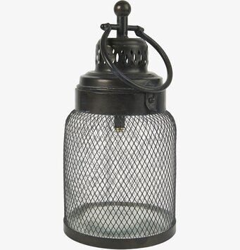 Bild av en industriell LED-ljuslykta i metallnät