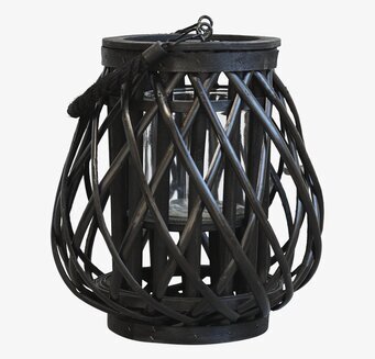 Foto av elegant flätad svart ljuslykta i pilmaterial