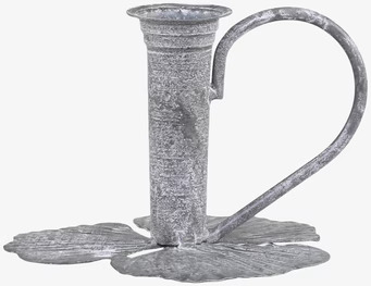 Bild av antik zinkljusstake med bladverk och handtag