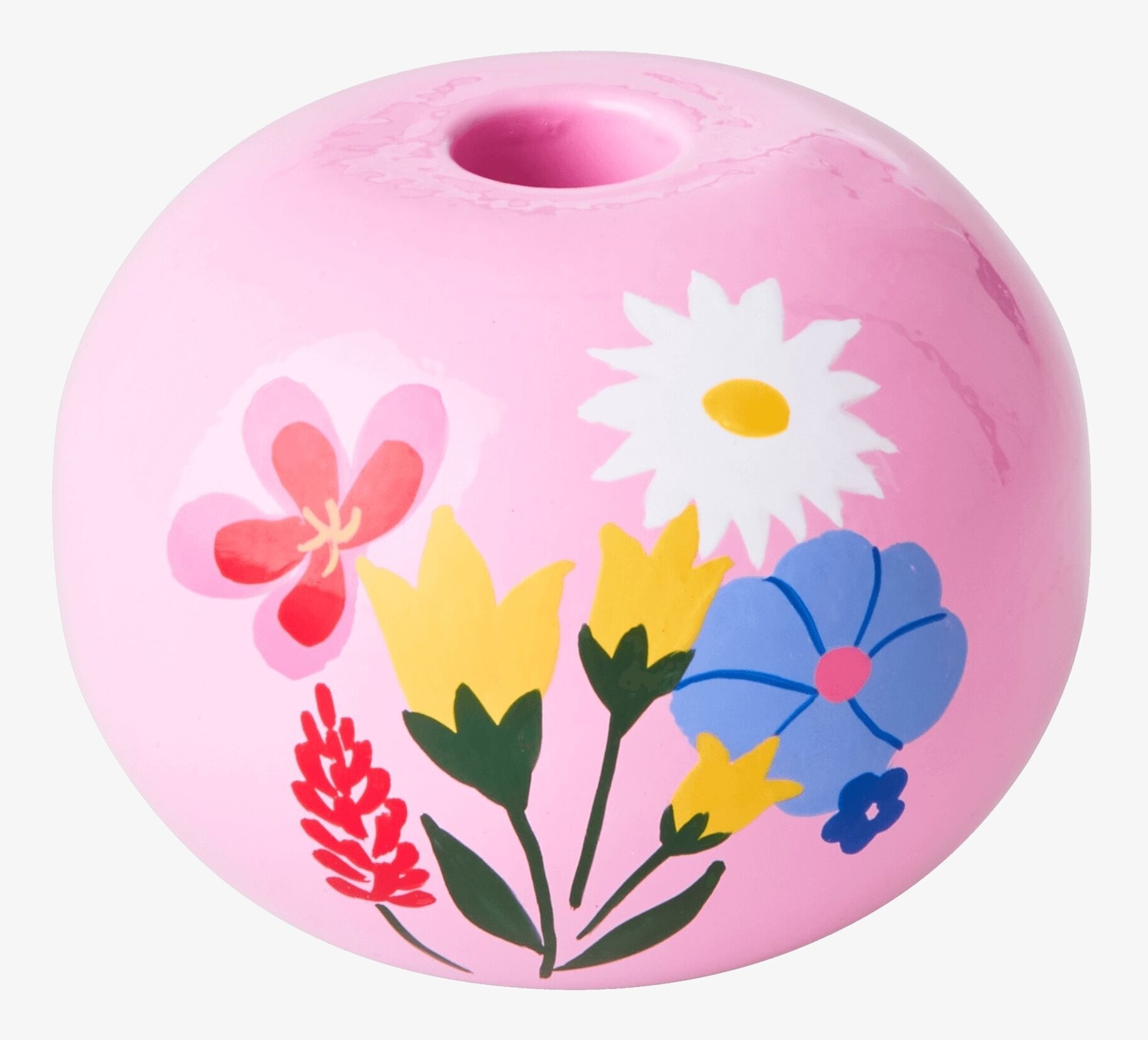 Bild av rosa ljushållare med blommotiv och glansig yta