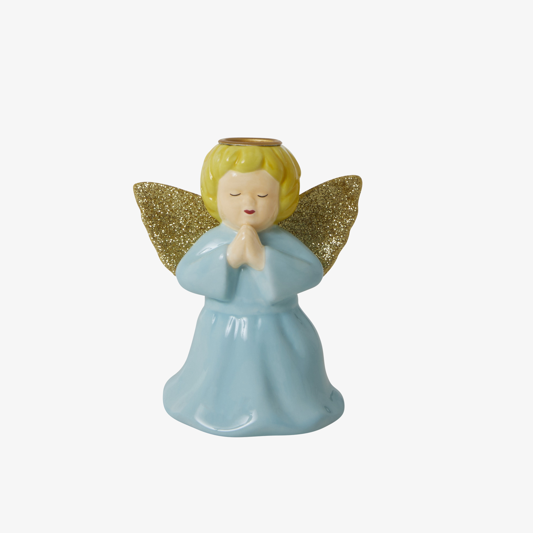 Bild av ljushållare formad som en ängel i blått