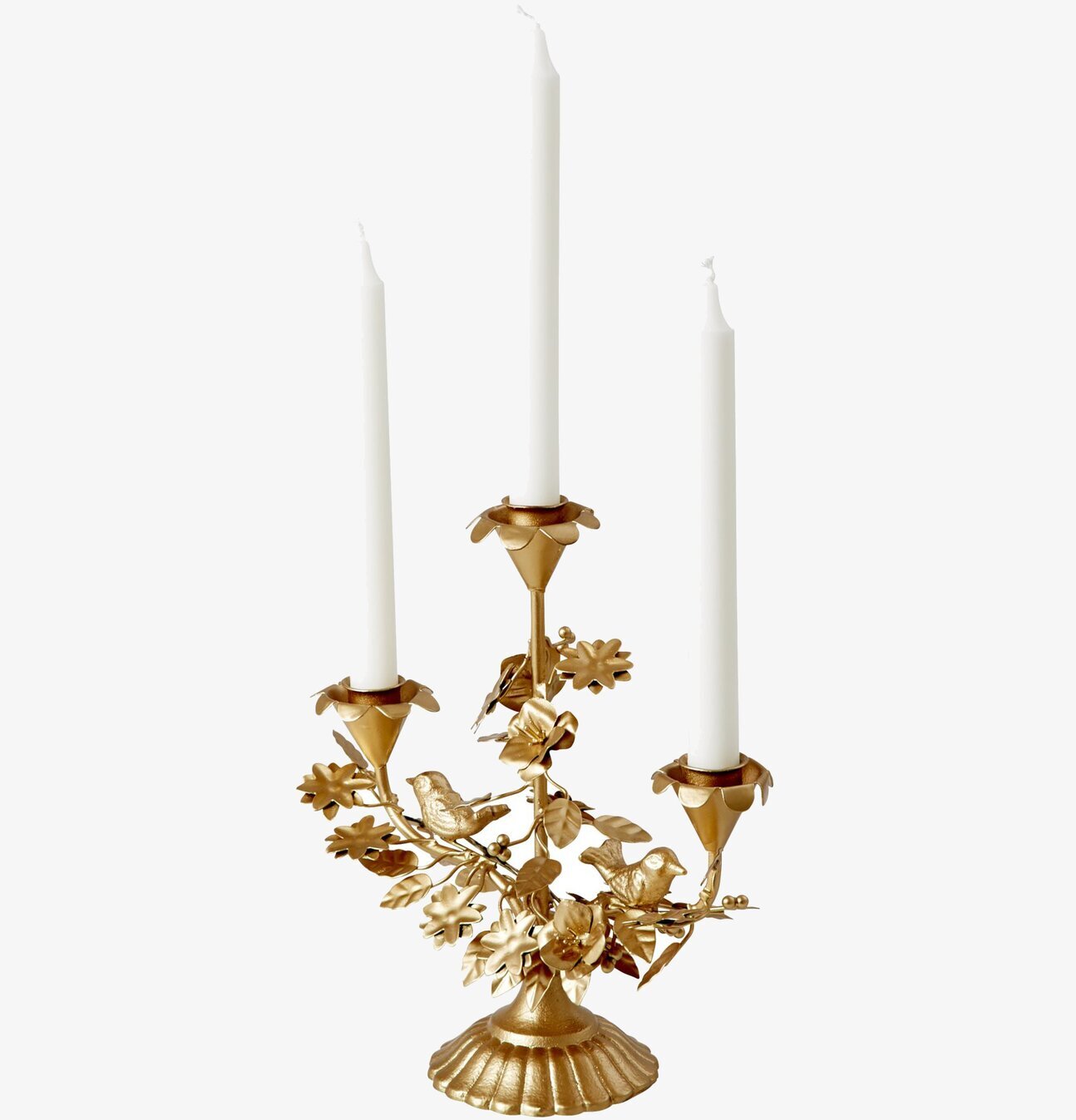Ljusstake Guld från Rice med tre ljushållare och blommor