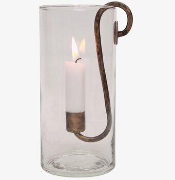 Bild av stilren ljuslykta med glas och metallkrok