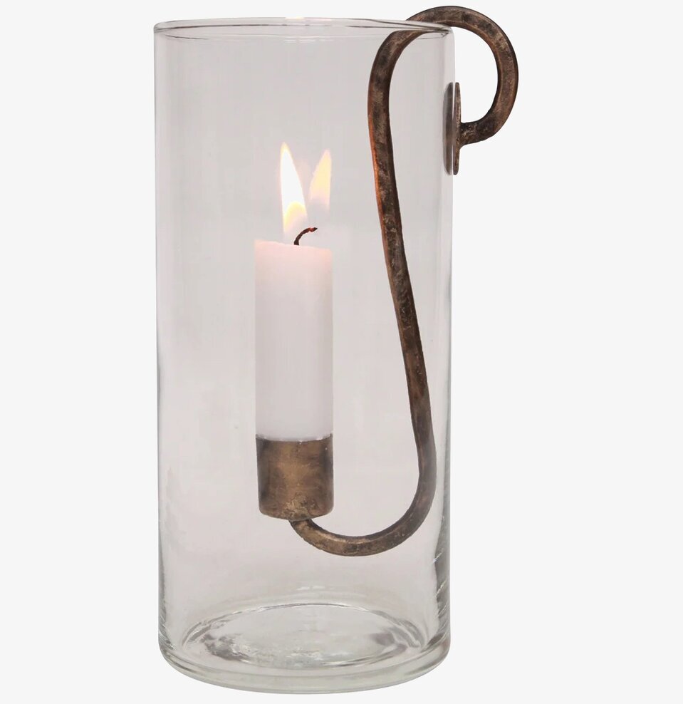 Bild av stilren ljuslykta med glas och metallkrok