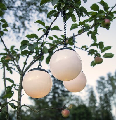 Bild av solcellslyktor i naturskön trädgårdsmiljö