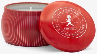 Bild av dekorativt doftljus i röd burk med logotyp