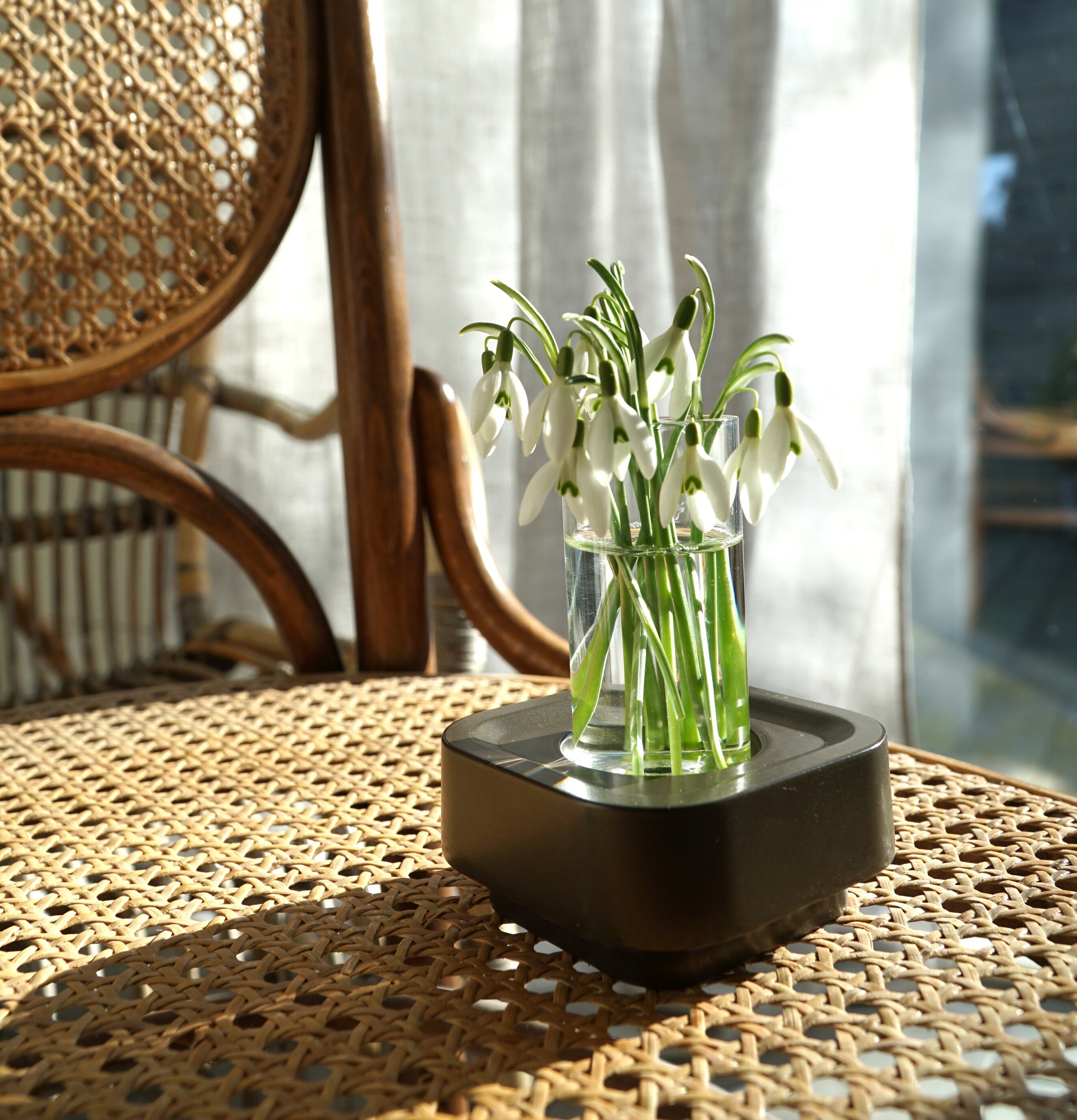 Bild av elegant ljuslykta på rottingbord med snödroppar