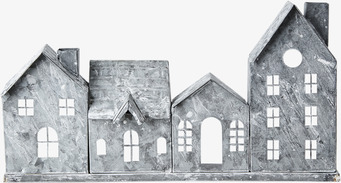 Bild av dekorativ ljuslykta med husfasader i grått