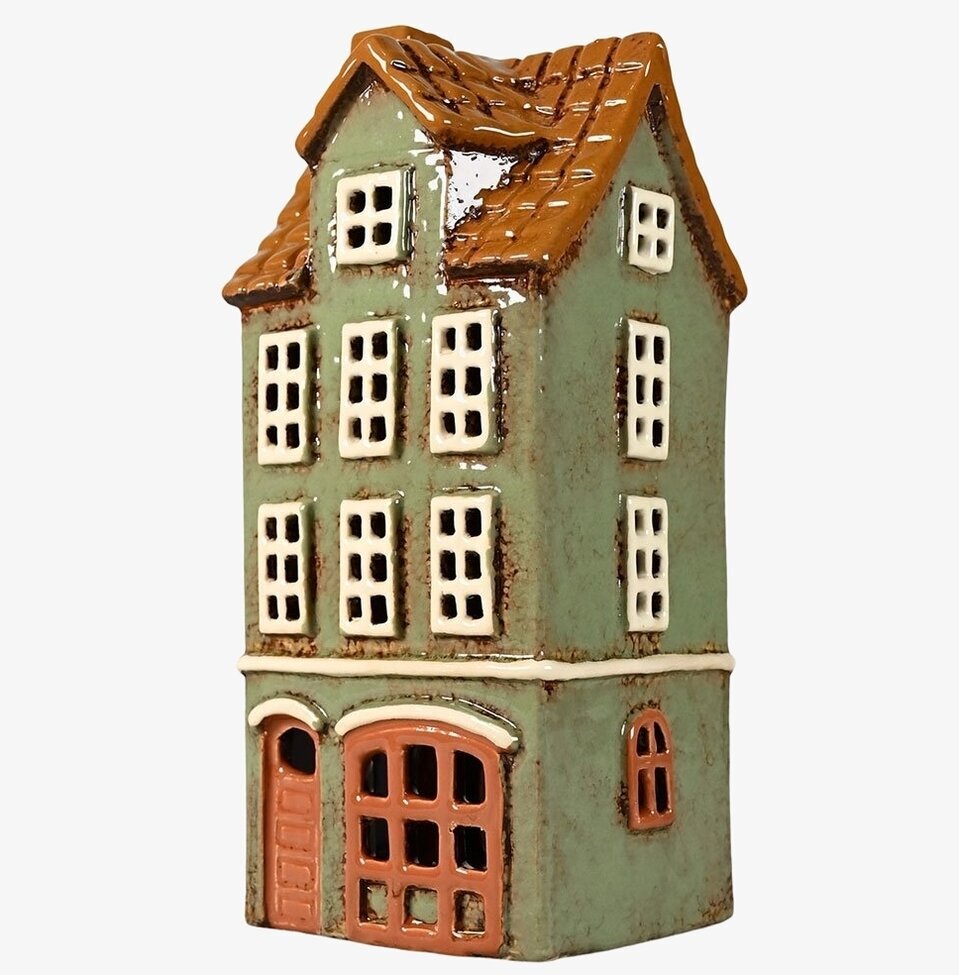 Ljuslykta Hus Grön från Det Gamle Apotek, detaljrik keramik