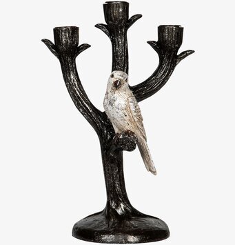 Foto av en unikt designad ljusstake med papegoja