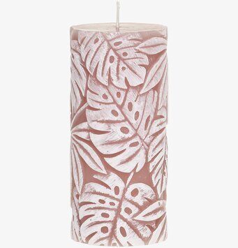 Bild av blockljus med rosa bas och vita bladmönster