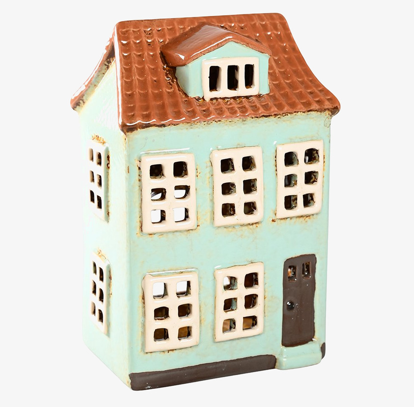 Ljuslykta Hus Blå från Det Gamle Apotek på vit bakgrund