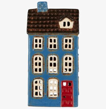 Bild av dekorativ ljuslykta formad som ett blått hus