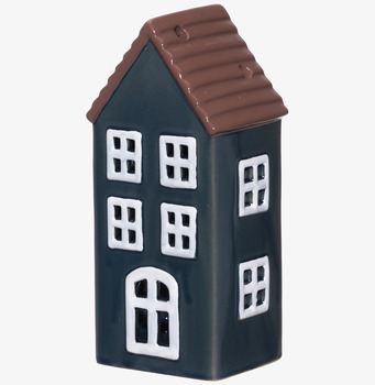 Bild av dekorativ ljuslykta i blått med unikt husdesign