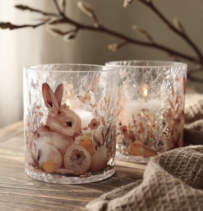 Bild av ljuslykta med vår- och påskmotiv i glas
