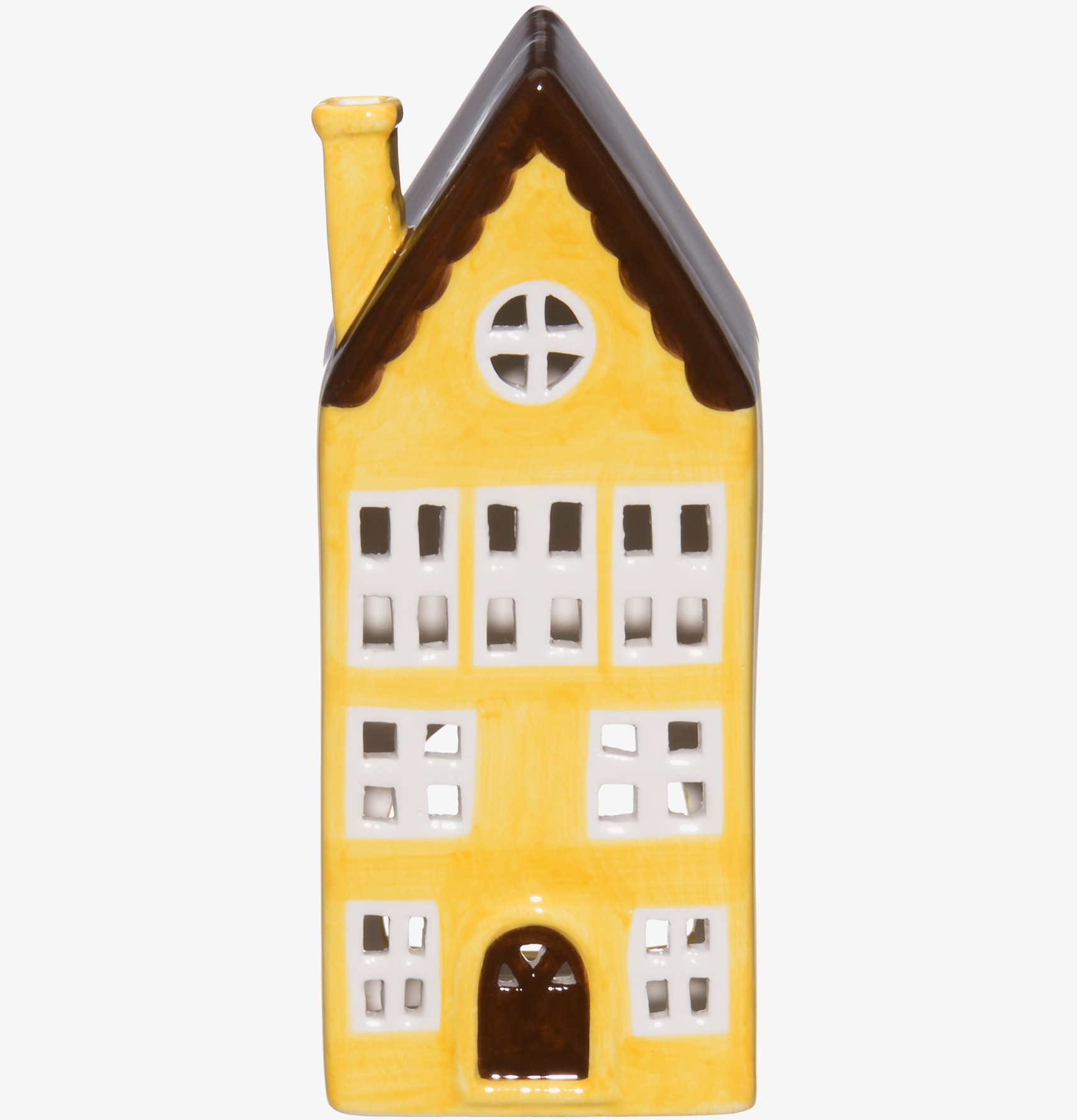 Bild av charmig ljuslykta formad som ett gult hus