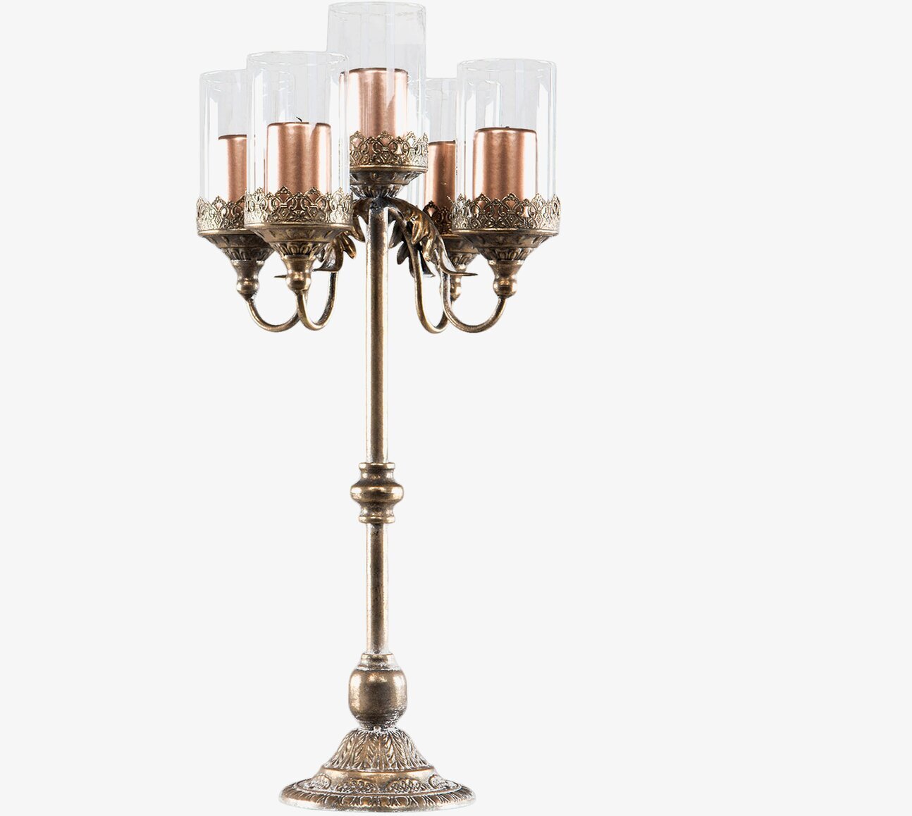 Bild på femarmad kandelaber i antikbrons med glas och mönster
