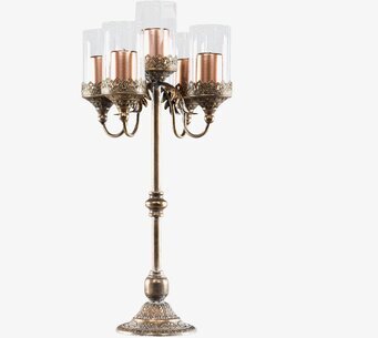 Bild på femarmad kandelaber i antikbrons med glas och mönster