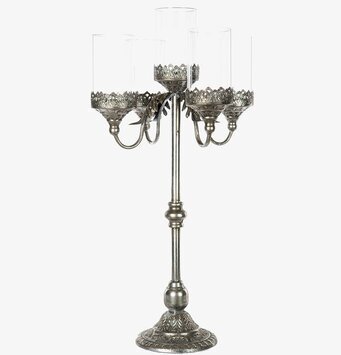 Bild på femarmad kandelaber i antik silver med glasdetaljer