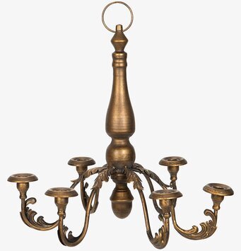 Bild av elegant ljuskrona med bladmotiv i varm mässingston