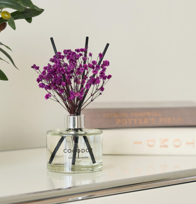 Bild med doftpinnar och lila blommor i stilren heminredning