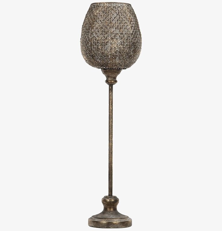 Bild på hög ljuslykta i antik bronsbrun med lövmönster