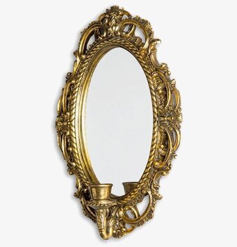 Bild av vägglampett med oval spegel och guldfärgad ram