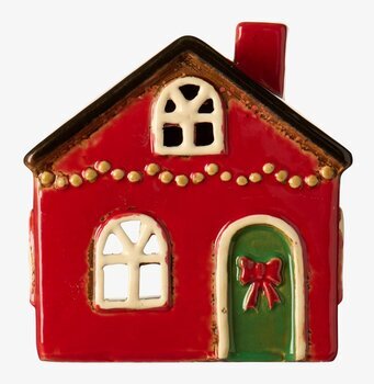 Bild av dekorativ röd ljuslykta i keramik med julmotiv