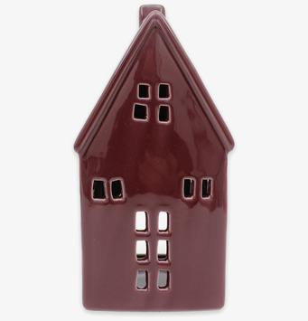 Bild av dekorativ ljuslykta i aubergine med husdesign 