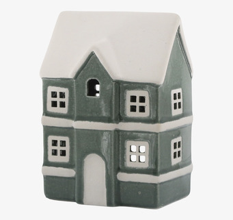 Bild på dekorativ grön ljuslykta i form av keramikhus