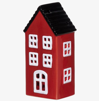 Bild av dekorativ röd keramikljuslykta i form av miniatyrhus