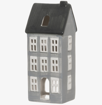 Bild av dekorativ grå ljuslykta utformad som litet hus