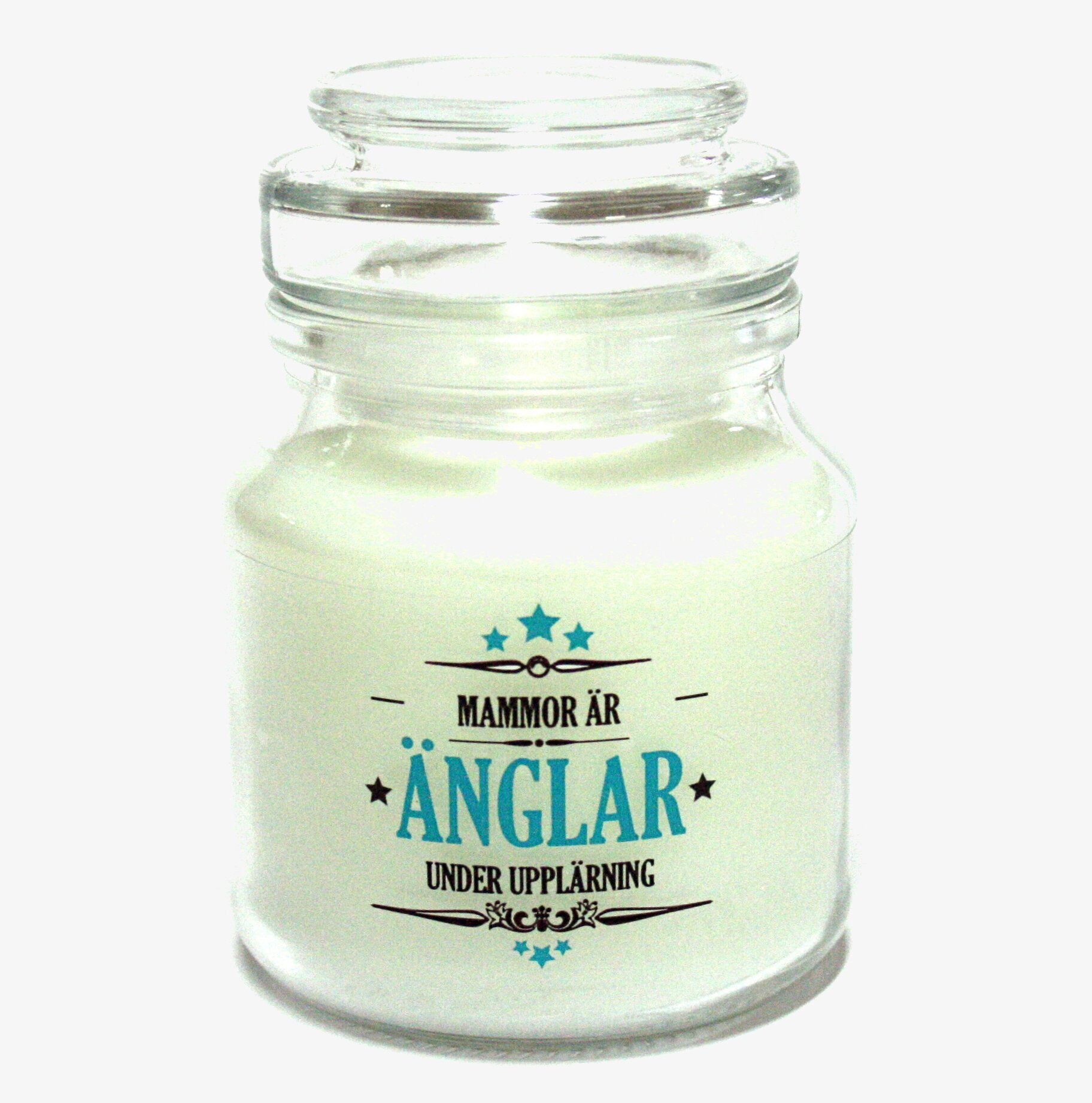 Foto av ljus med budskap för mammor i glasbehållare