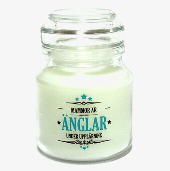 Foto av ljus med budskap för mammor i glasbehållare