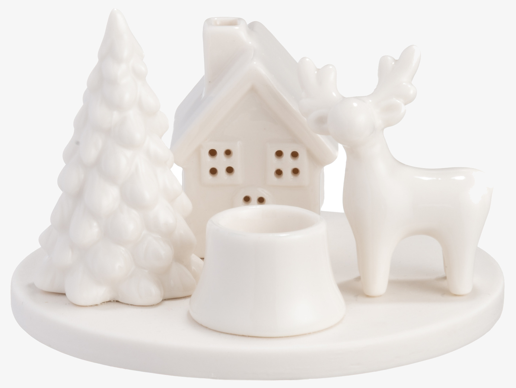 Bild på vit rund ljusstake med vinterlandskap och djurmotiv