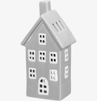 Bild av keramiklykta i form av nordiskt hus med grå glasyr