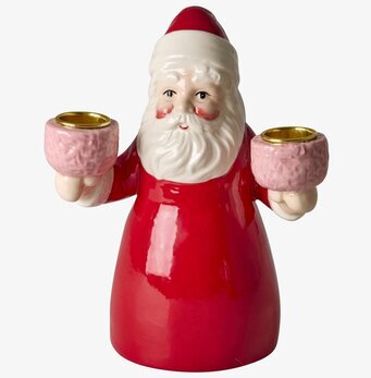 Bild på glansig tomte-ljusstake i keramik med värmeljushållare