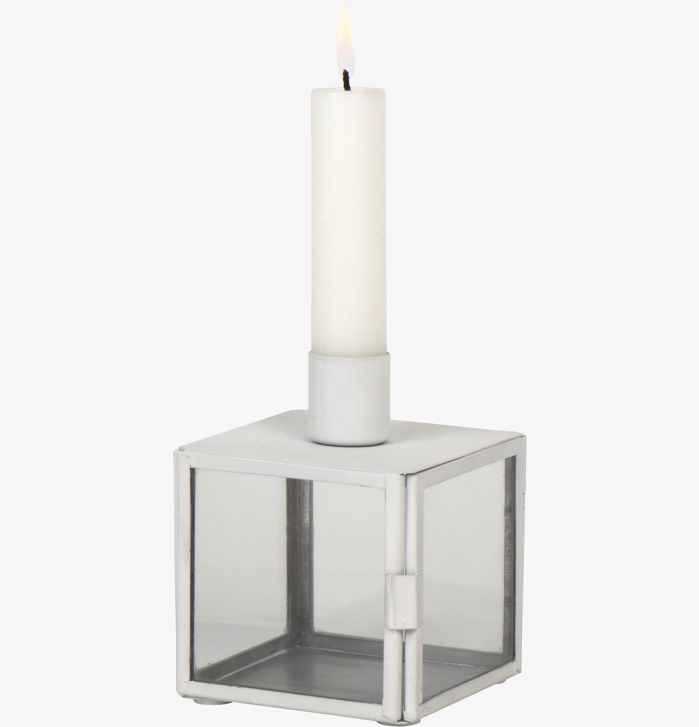 Bild av stilren ljuslykta med vit metall och glas