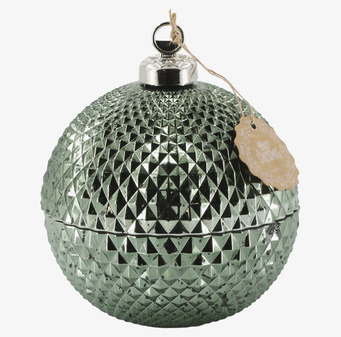 Bild på dekorativ mossgrön ljuslykta i glas med julkulaform