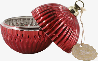 Bild av röd julinspirerad ljuslykta med lock och etikett