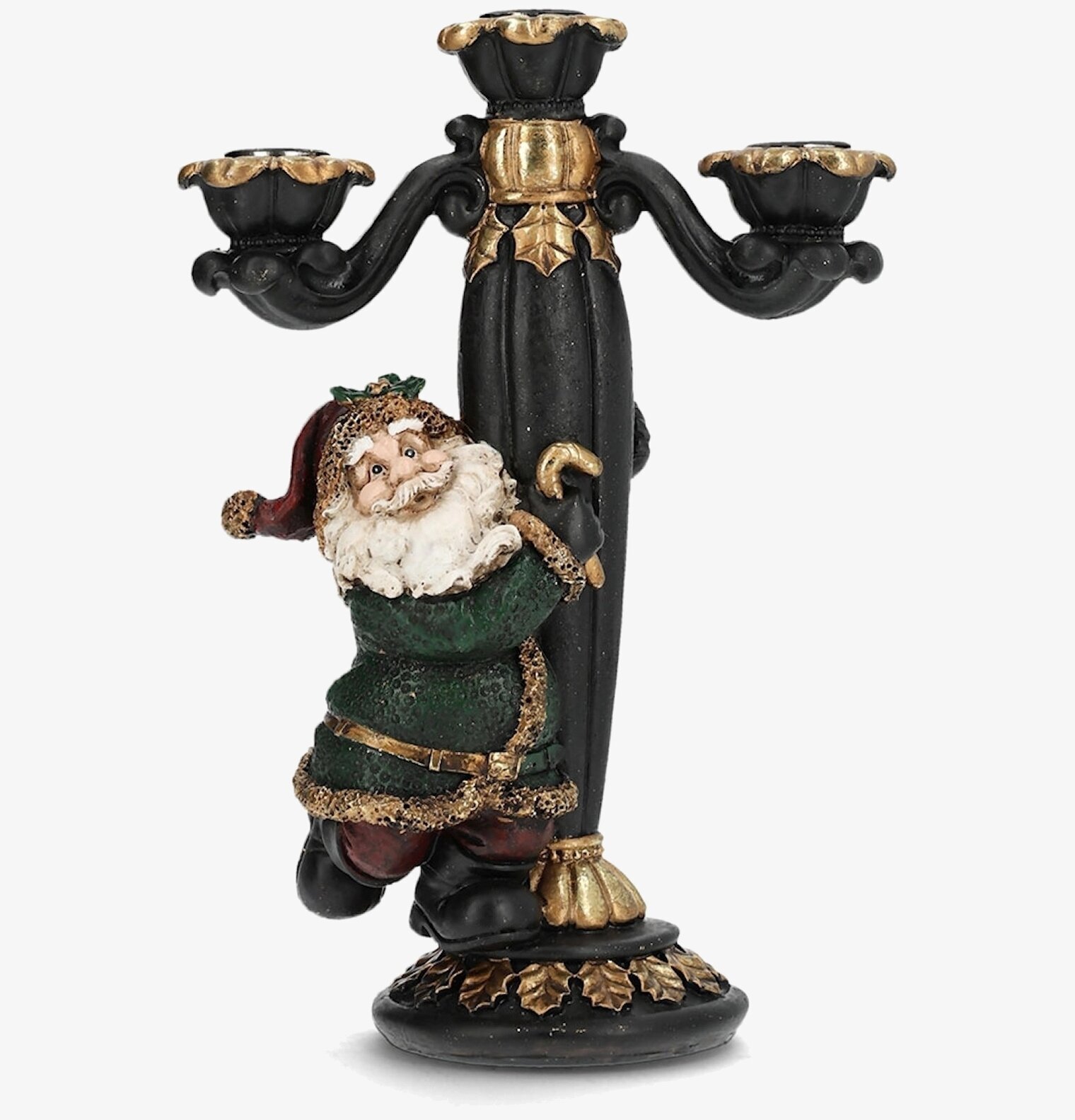 Bild av ljusstake med tomte och gulddetaljer för juldekor