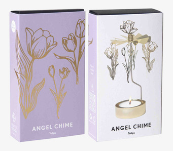 Bild på två lila förpackningar med tulpanmotiv och änglaspel